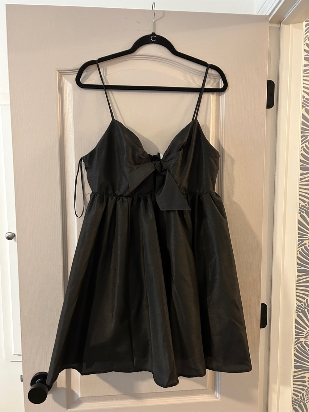 Aakaa Black Satin Spaghetti-Strap Party Dress with Bow